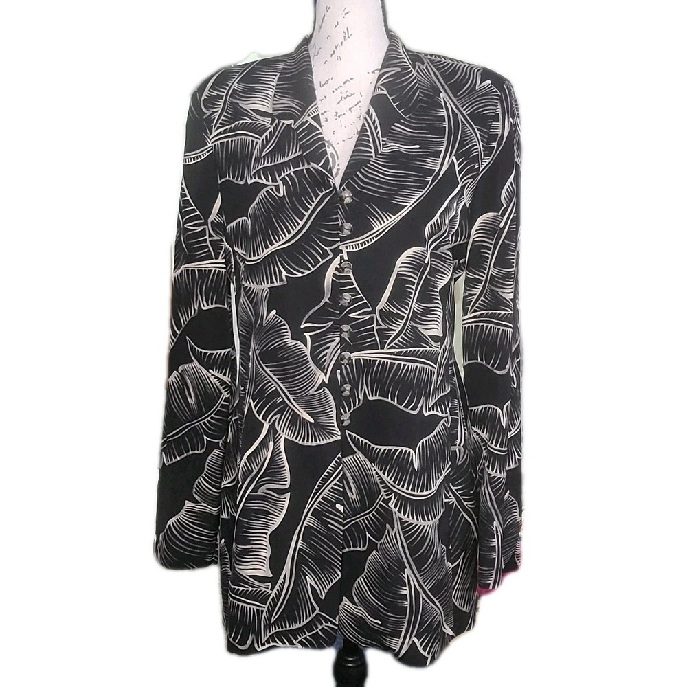 Dana Buchman 100% Silk Black/Cream Leaf Print Blazer Jacket Size 4 Luxury Career